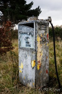 An old petrol pump stands negelcted, peeling in the shadow of a large tree and surrounded by untamed grass
