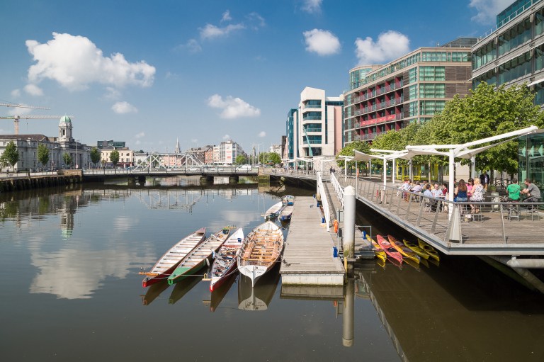 Cork City river boardwalk and skyline of development