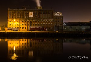 The old Odlums building lit at night