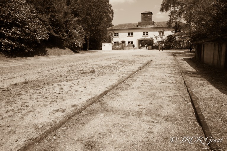 Entrance to Dachau Concentration camp in sepia