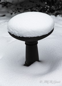 A bird bath covered in snow resembles a wedding cake