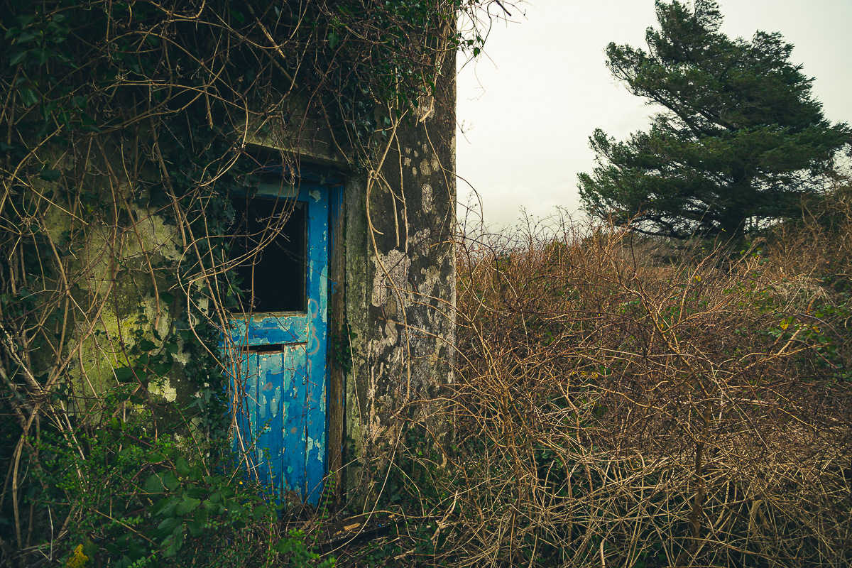 A ruin with a blue door, for sale the sign proclaims