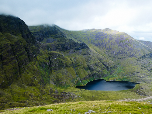 Looking across Lough Gouragh to the path of our ascent up to Raven's Gully (Brother O'Shea's Gully)