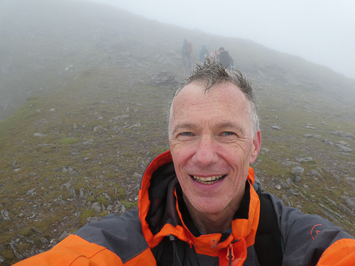 Having climbed out of Raven's Gully the walk to the summit awaits in dense cloud