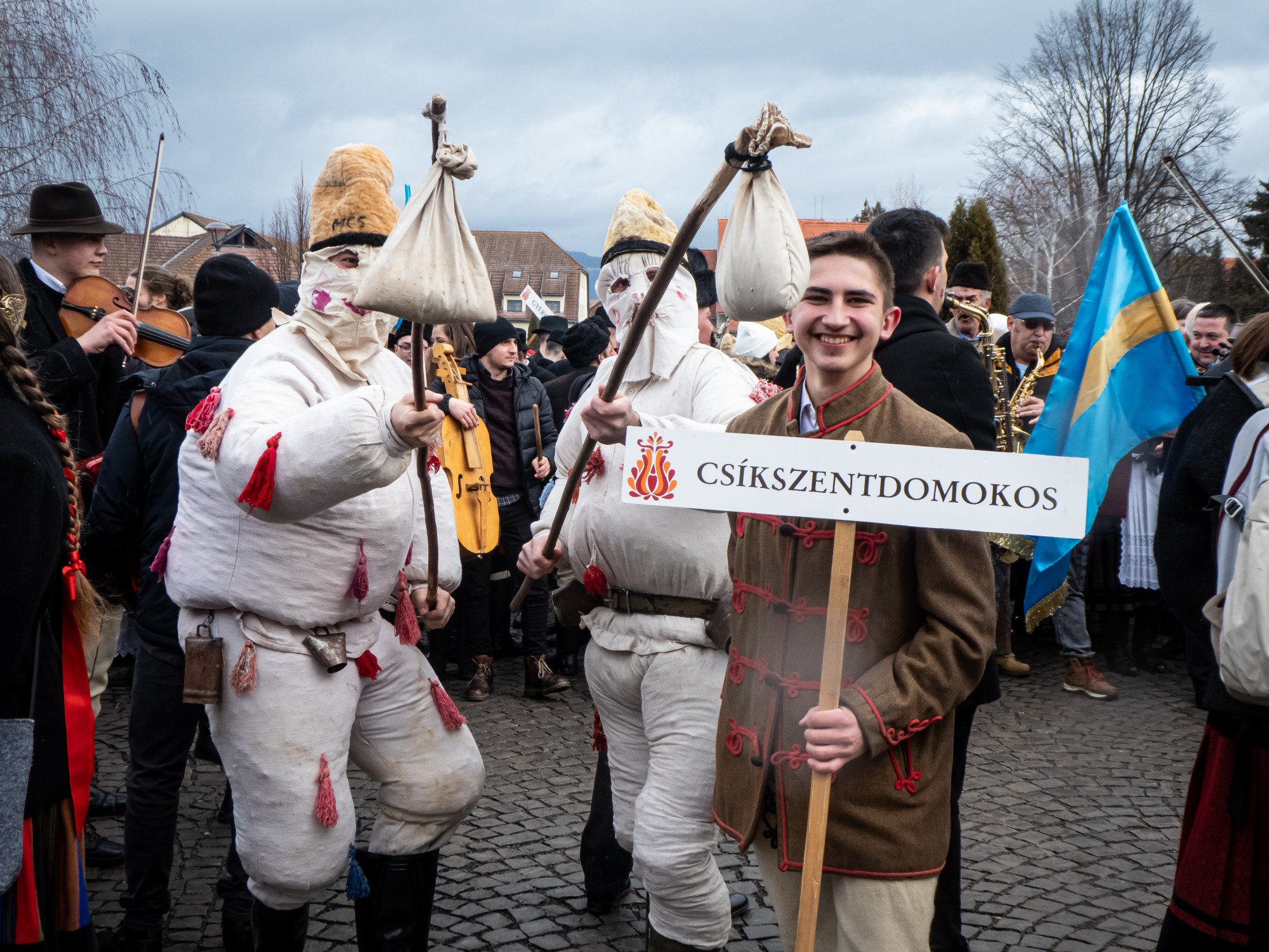 Men dressed as snowmen are among the Farsang celebrants